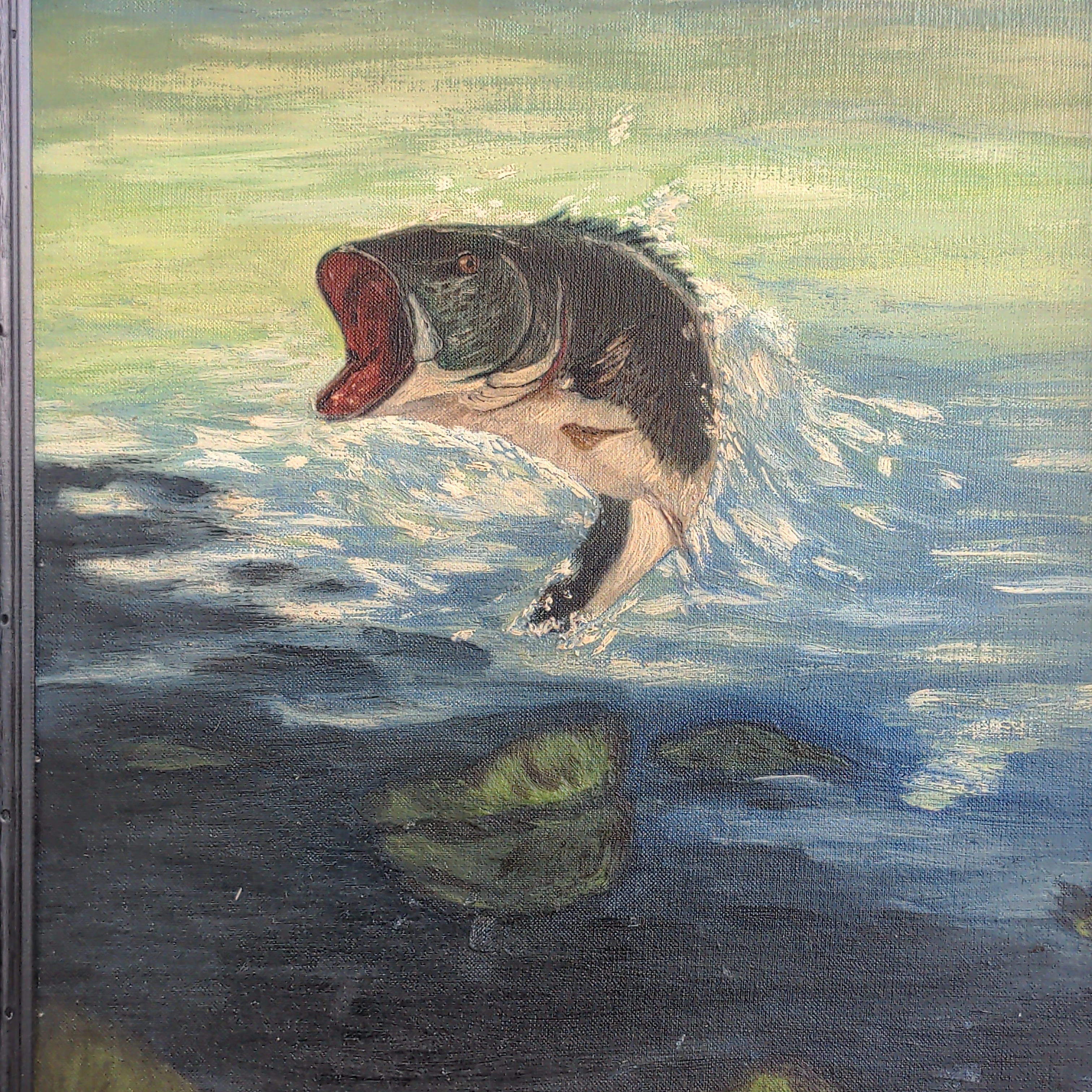 TRAINED OIL PAINTING OF A LARGEMOUTH BASS JUMPING