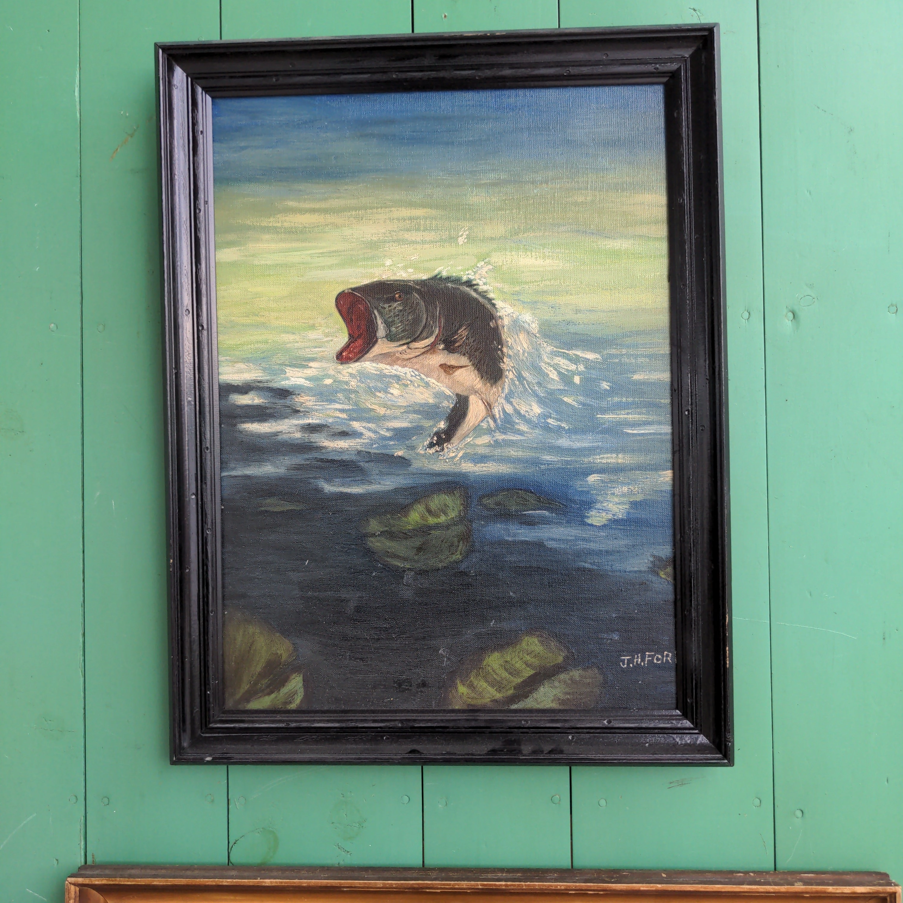TRAINED OIL PAINTING OF A LARGEMOUTH BASS JUMPING classic mural painting