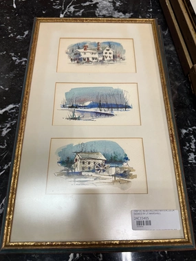 TRIPTIC NEW ENGLAND WATERCOLOR SIGNED BY JT MARSHALL classic mural painting