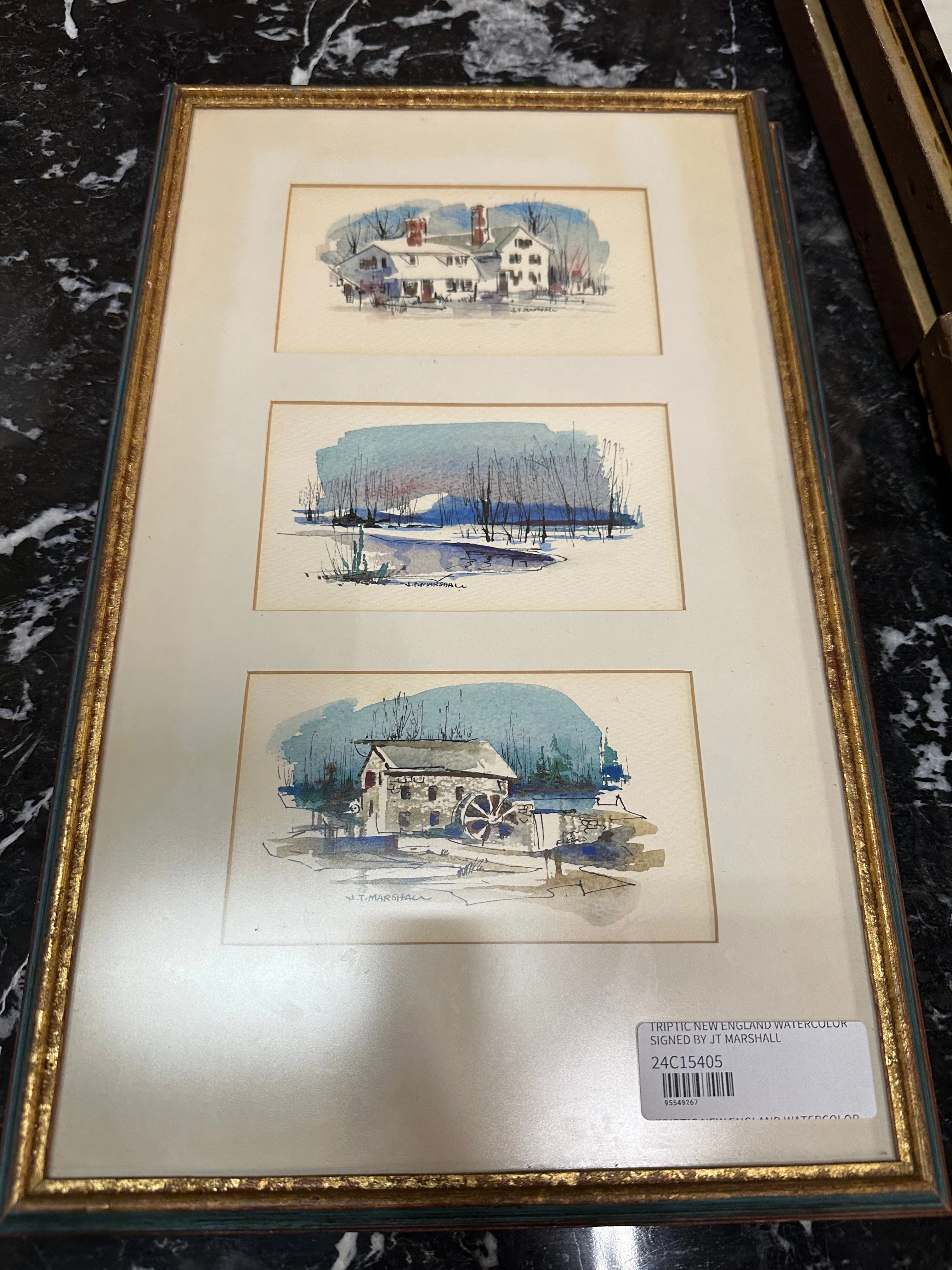 TRIPTIC NEW ENGLAND WATERCOLOR SIGNED BY JT MARSHALL classic mural painting