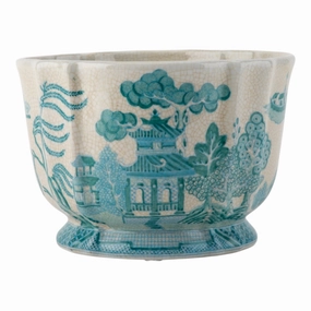 Turquoise And White Willow Pattern Round Scallop Planter home display ornament