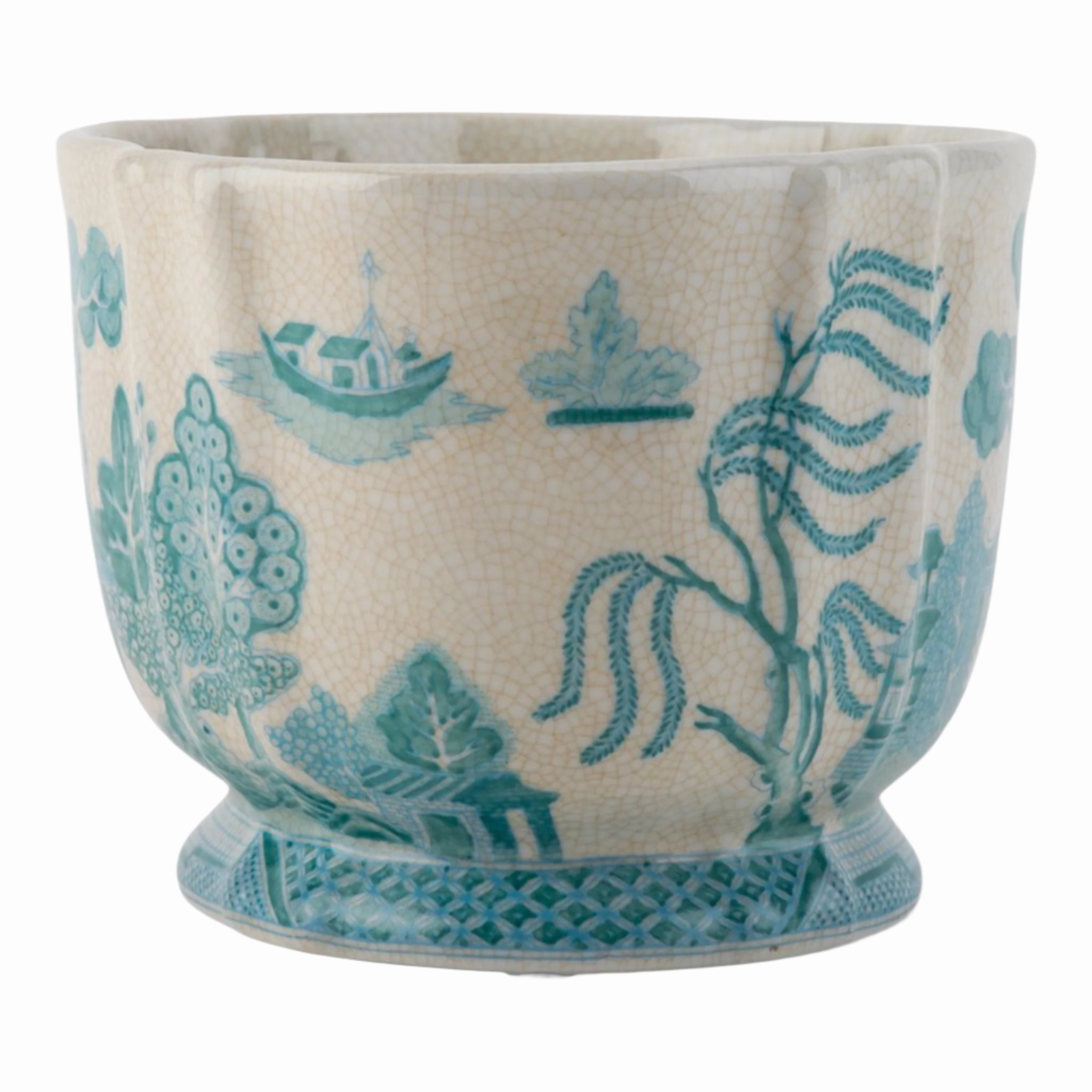 Turquoise And White Willow Pattern Round Scallop Planter