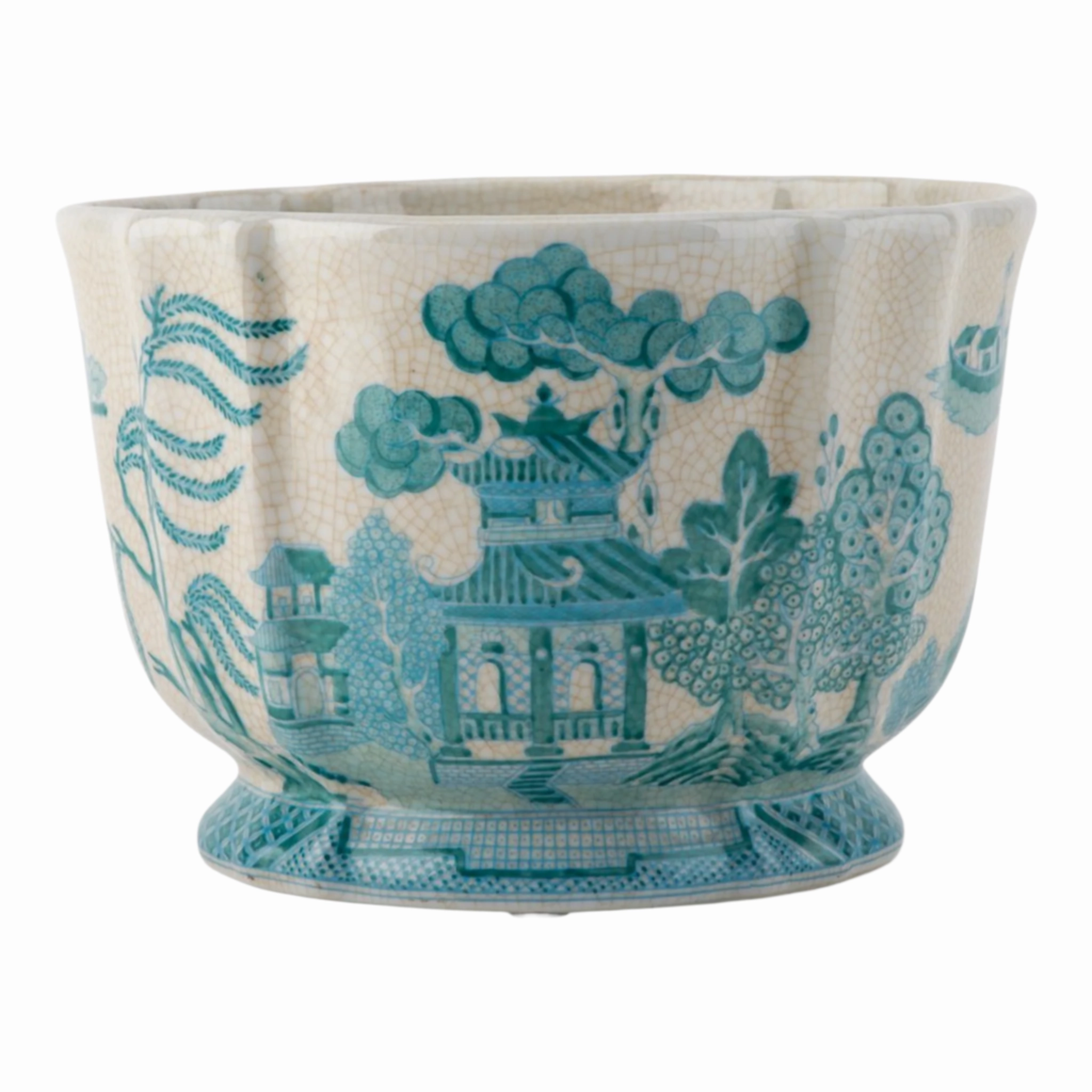 Turquoise And White Willow Pattern Round Scallop Planter home display ornament