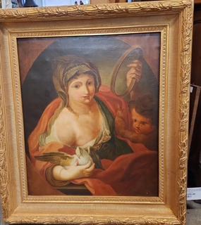 UNFRAMED 19TH CENTURY OIL PAINTING ON CANVAS OF LADY WITH DOVE classic mural painting