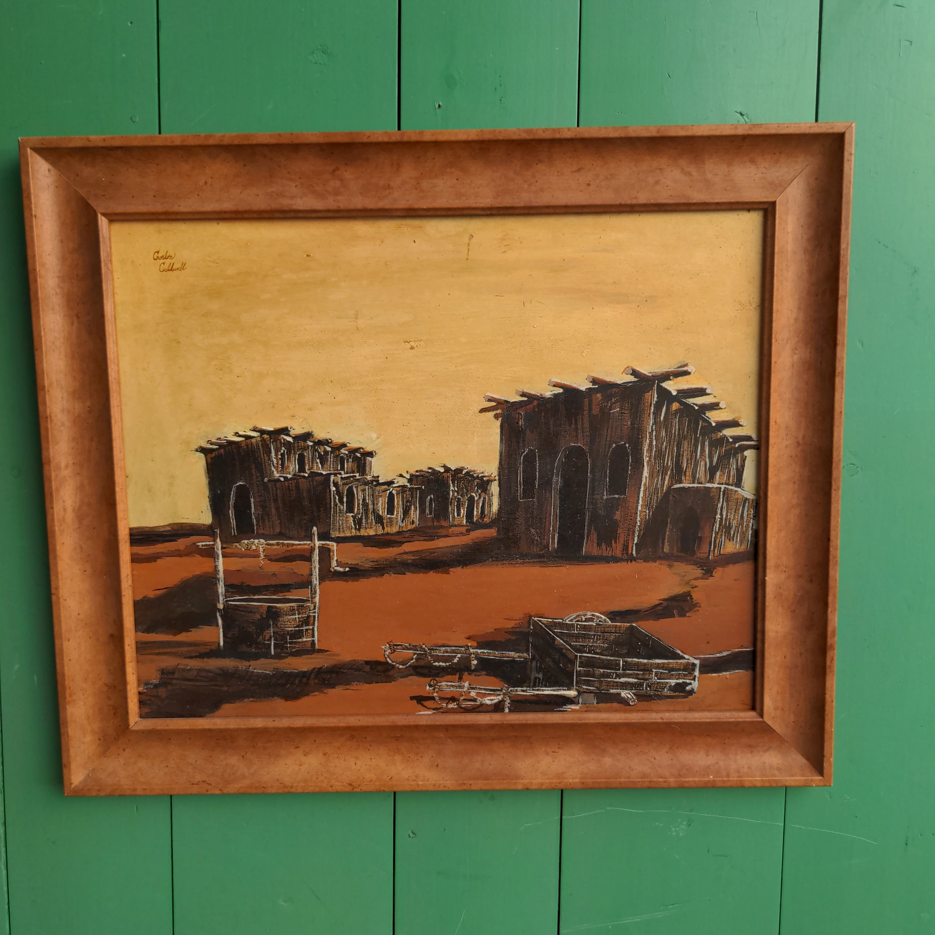 UNFRAMED - ORANGE TONE OIL PAINTING OF A DILAPIDATED TOWN classic mural painting