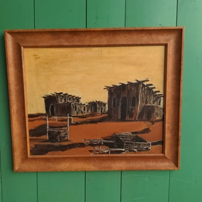 UNFRAMED - ORANGE TONE OIL PAINTING OF A DILAPIDATED TOWN classic mural painting