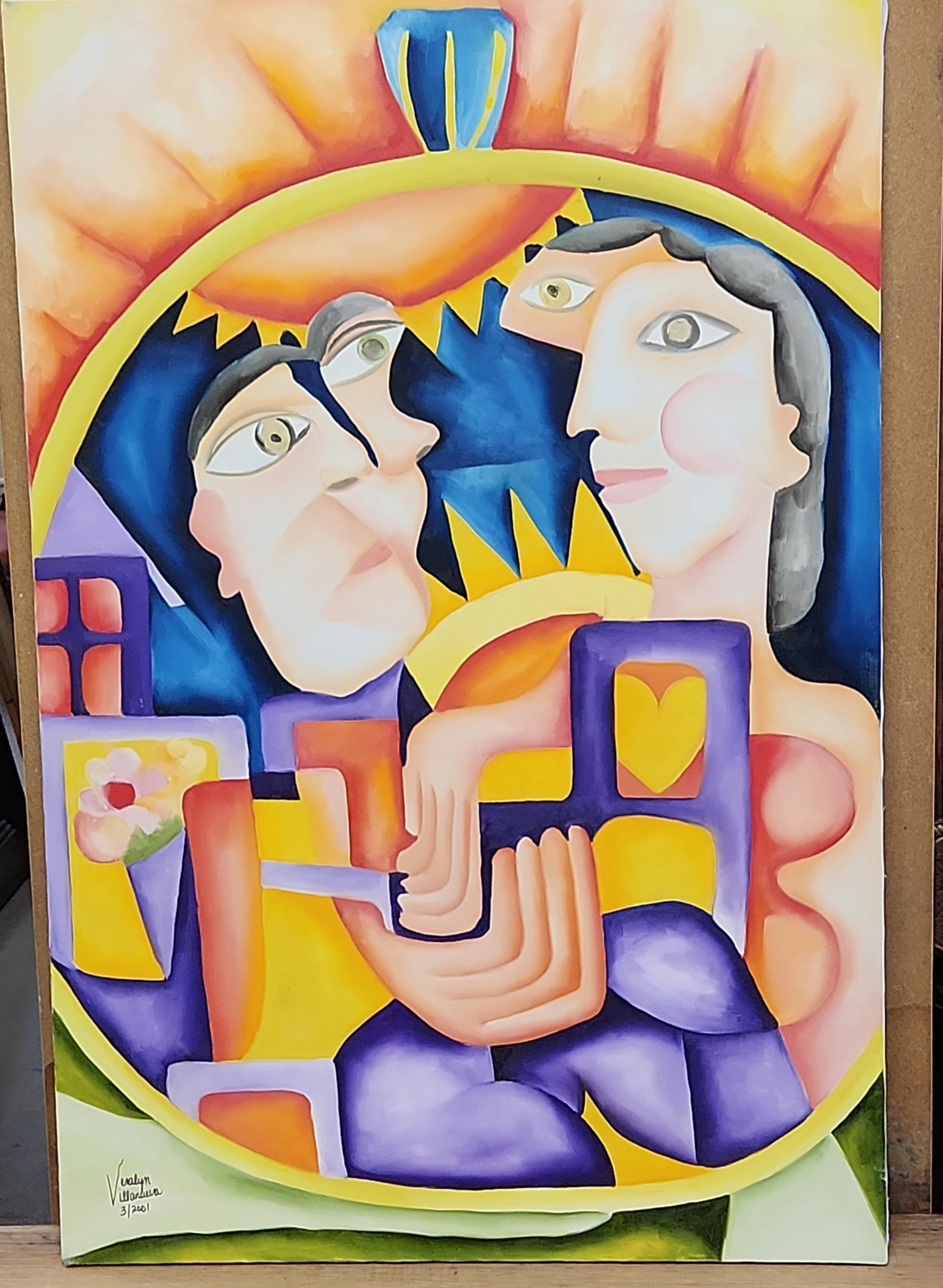 UNFRAMED ABSTRACT OIL PAINTING OF 4 FACES BY VERALYNN VILLANUEVA 2001 classic mural painting