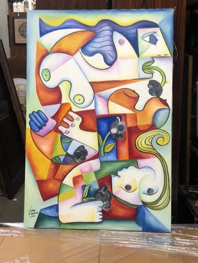 UNFRAMED ABSTRACT OIL PAINTING OF FACES BY VERALYNN VILLANUEVA 2001 classic mural painting