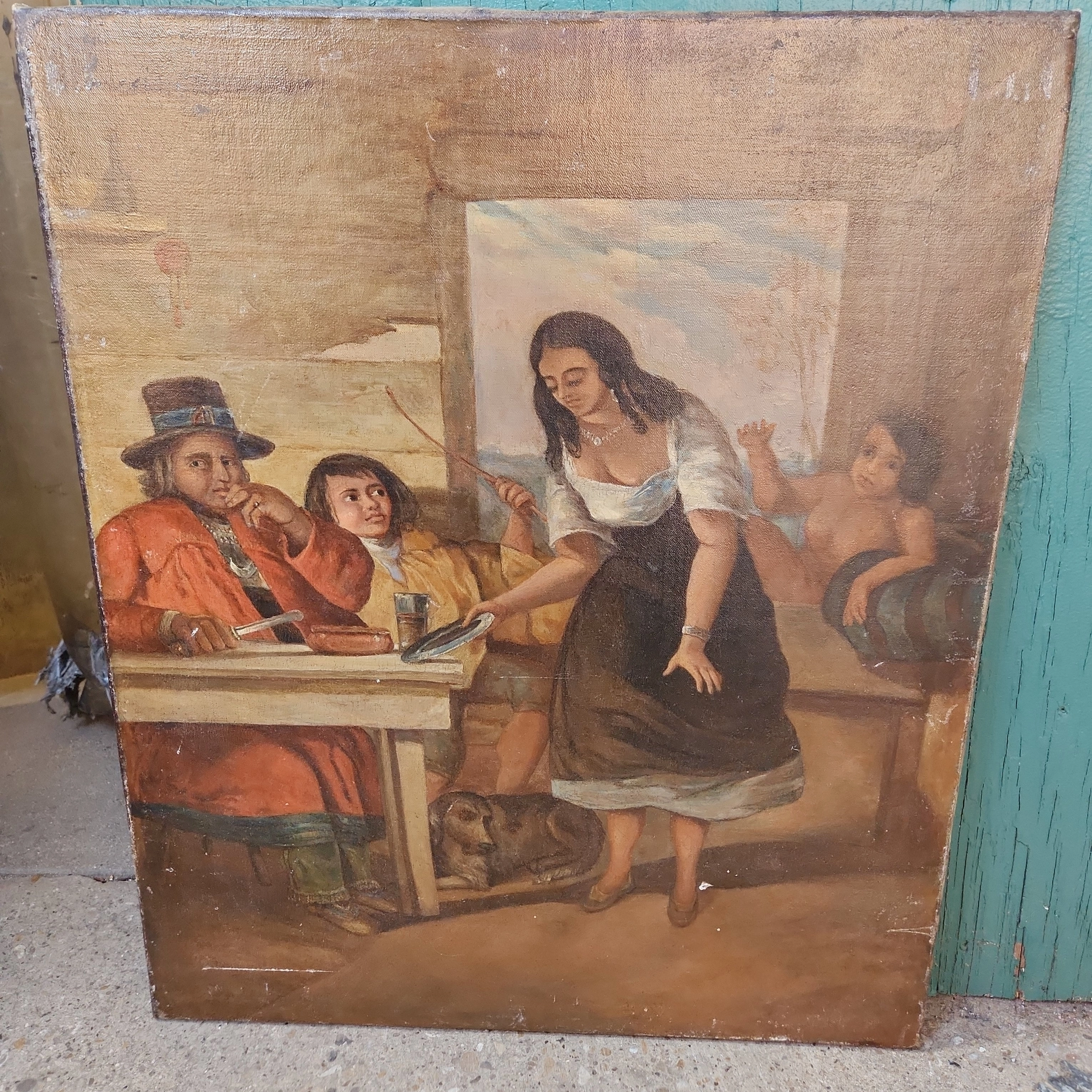 UNFRAMED BARMAID IN TAVERN OIL PAINTING ON CANVAS-RESTORED