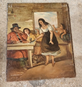 UNFRAMED BARMAID IN TAVERN OIL PAINTING ON CANVAS-RESTORED classic mural painting
