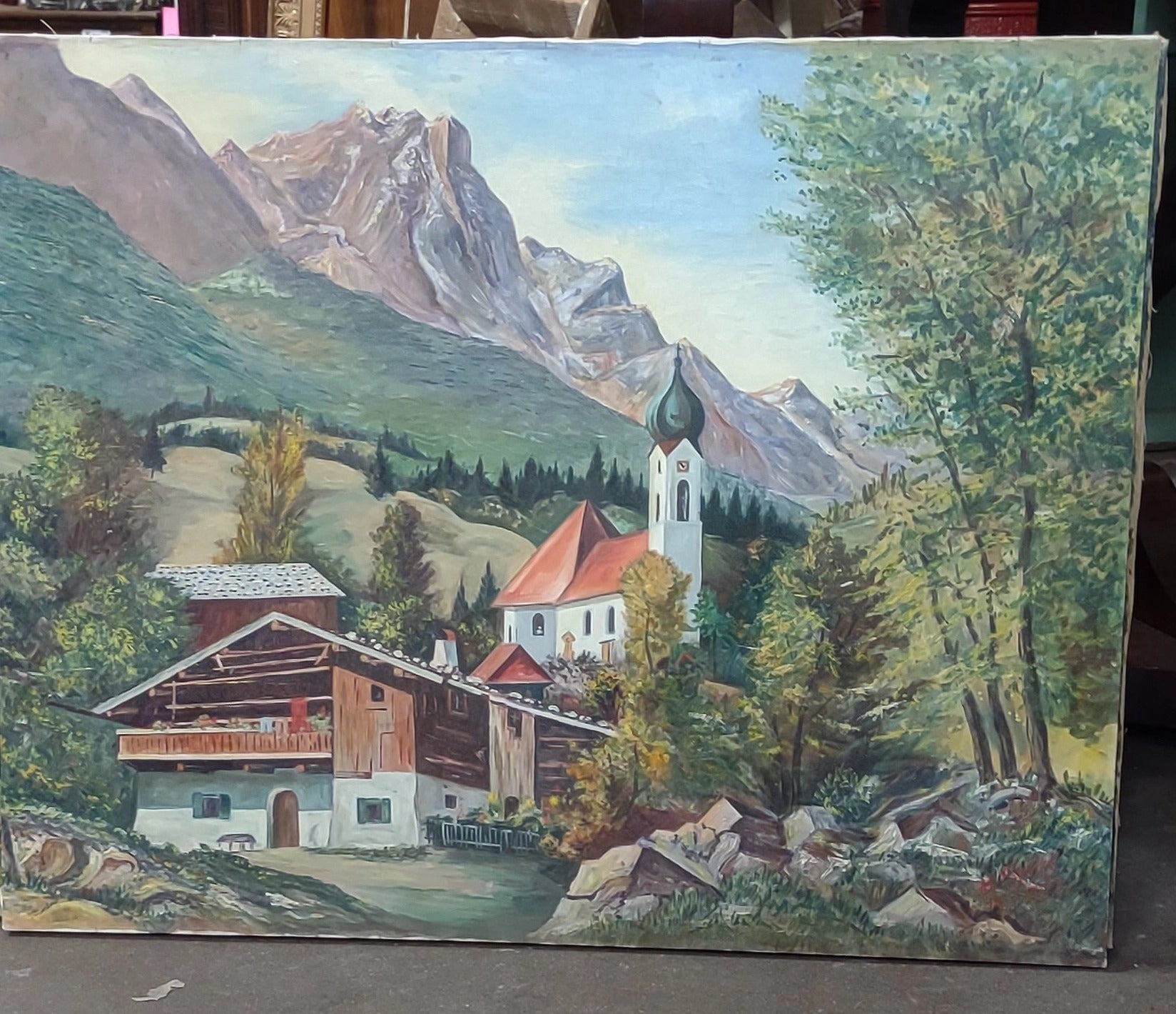 UNFRAMED GERMAN ALPS LANDSCAPE  PAINTING WITH CHURCH SIGNED  1958 classic mural painting