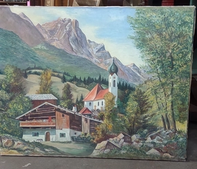 UNFRAMED GERMAN ALPS LANDSCAPE  PAINTING WITH CHURCH SIGNED  1958 classic mural painting