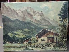 UNFRAMED GERMAN ALPS LANDSCAPE PAINTING WITH HOUSES SIGNED 1973 classic mural painting