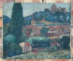 UNFRAMED IMPRESSIONIST LANDSCAPE OIL PAINTING AS FOUND classic mural painting