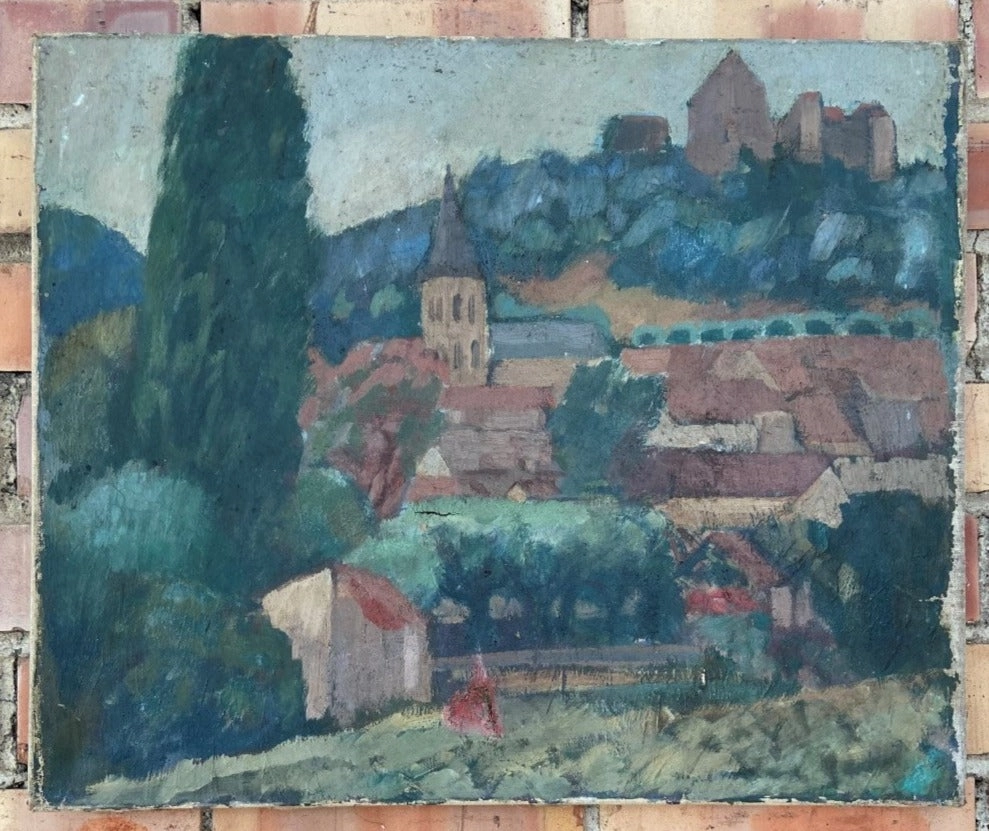 UNFRAMED IMPRESSIONIST LANDSCAPE OIL PAINTING AS FOUND classic mural painting