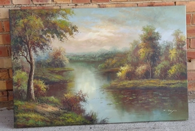 UNFRAMED LAMDSCAPE OIL PAINTING WITH TREES AND LAKE classic mural painting