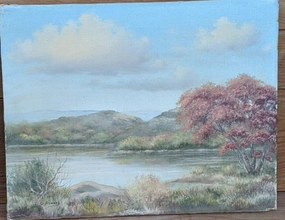 UNFRAMED LANDSCAPE OIL PAINTING OF TREE BY LAKE AND MOUNTAINS classic mural painting