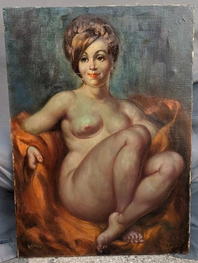 UNFRAMED MID CENTURY OIL PAINTING OF NUDE WOMAN classic mural painting