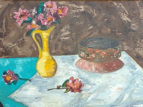 UNFRAMED MID CENTURY OIL PAINTING STILL LIFE BY FRED SMITH classic mural painting