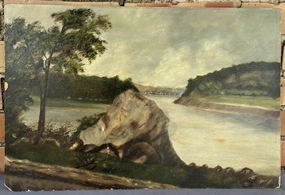 UNFRAMED OIL PAINTING OF BOULDER BY A LAKE classic mural painting