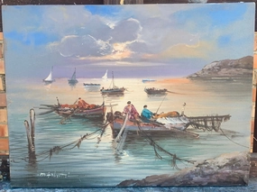 UNFRAMED OIL PAINTING OF CHINESE BOATS ON LAKE classic mural painting