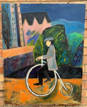 UNFRAMED OIL PAINTING OF MAN ON OLD FASHION BICYCLE classic mural painting
