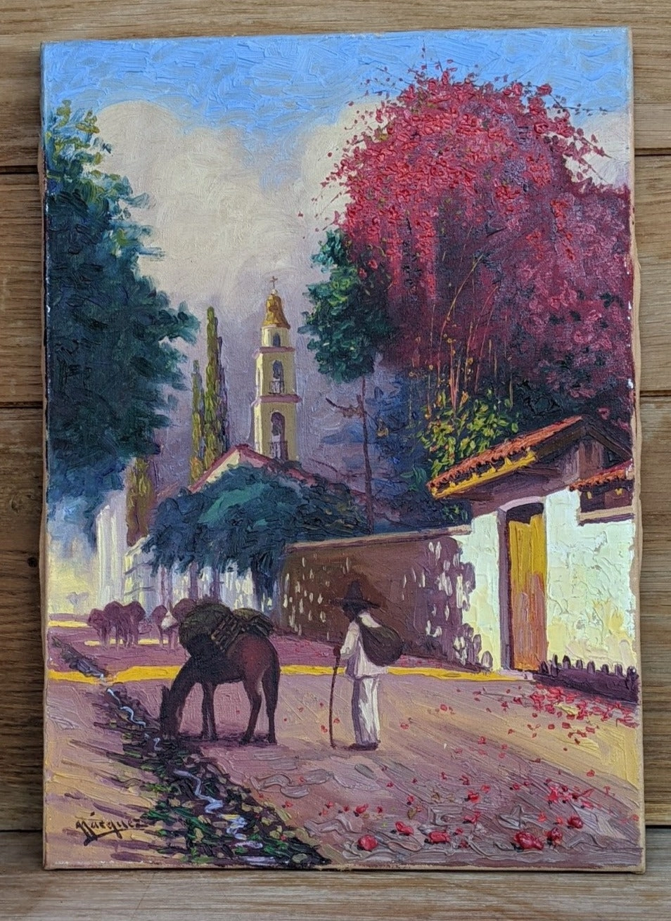UNFRAMED OIL PAINTING OF  MEXICAN VILLAGE WITH MAN AND DONKEY ON BOARD [ classic mural painting