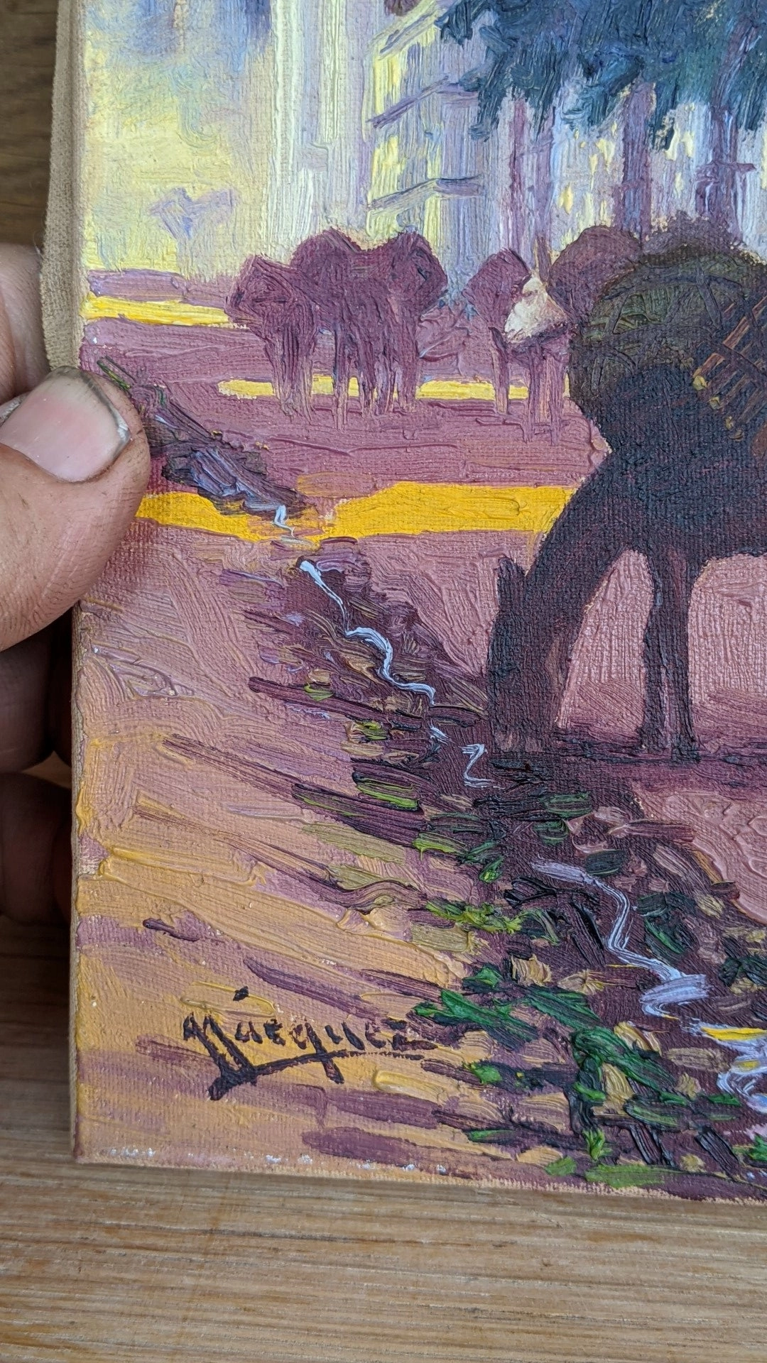 UNFRAMED OIL PAINTING OF  MEXICAN VILLAGE WITH MAN AND DONKEY ON BOARD [