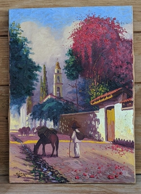 UNFRAMED OIL PAINTING OF  MEXICAN VILLAGE WITH MAN AND DONKEY ON BOARD [ classic mural painting