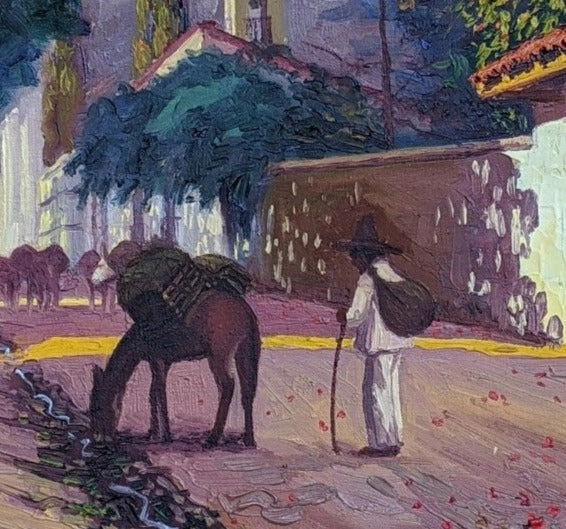 UNFRAMED OIL PAINTING OF  MEXICAN VILLAGE WITH MAN AND DONKEY ON BOARD [