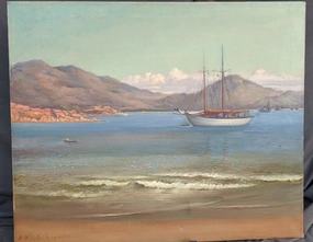 UNFRAMED OIL PAINTING OF SAIL BOAT IN ACAPULCO BAY classic mural painting