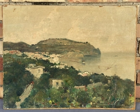 UNFRAMED OIL PAINTING OF VILLAGE BY THE SEA classic mural painting