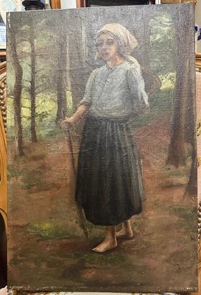 UNFRAMED OIL PAINTING OF WOMAN BAREFOOT IN FOREST classic mural painting