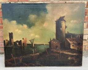 UNFRAMED PAINTING OF HARBOR SCENE WITH SAILBOAT SIGNED DELANGER classic mural painting