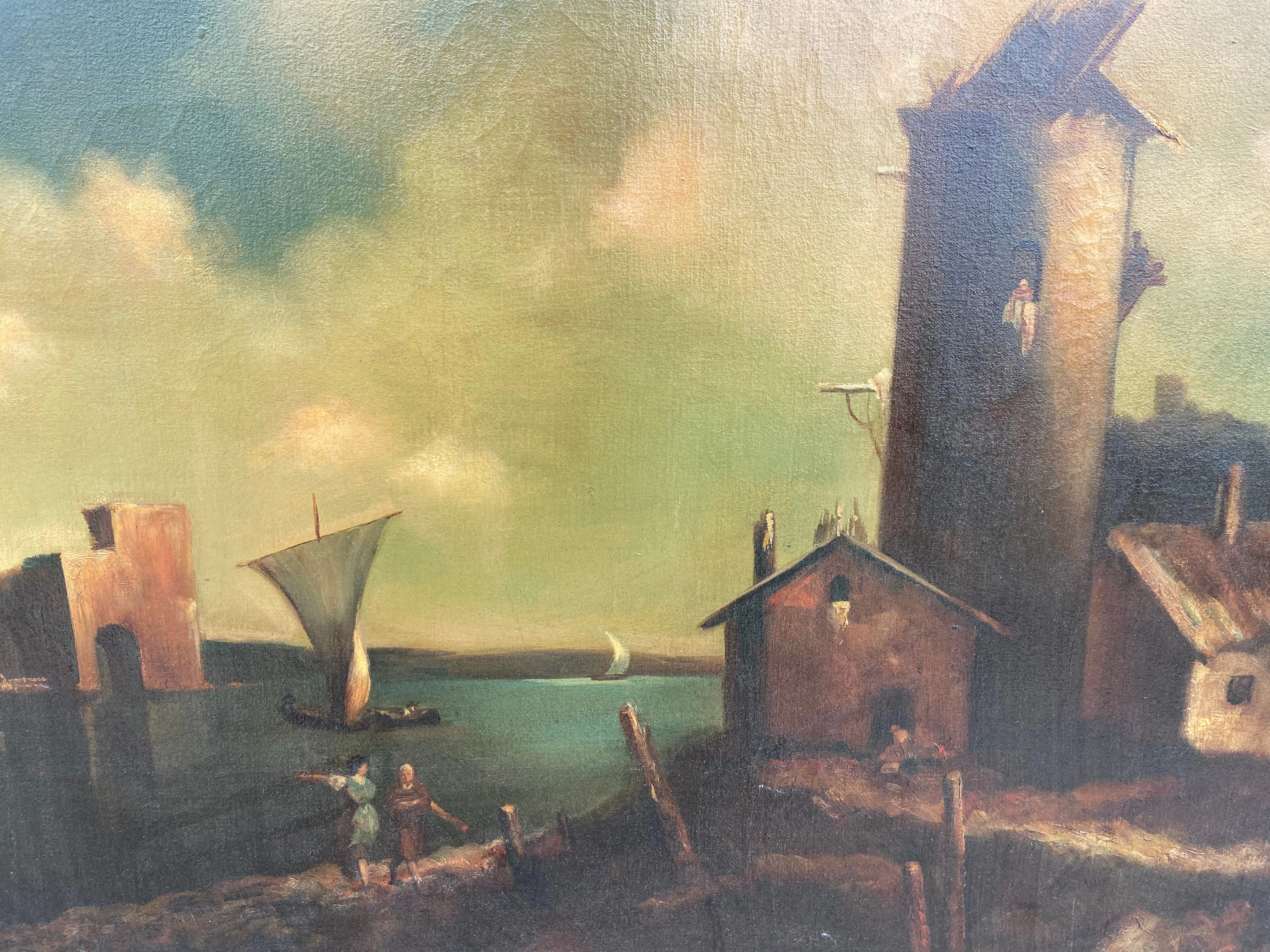 UNFRAMED PAINTING OF HARBOR SCENE WITH SAILBOAT SIGNED DELANGER