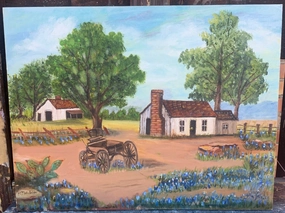 UNFRAMED PRIMITIVE OIL PAINTING WITH WAGON ON BOARD BY NEITTIE W TOADUIN 1980 classic mural painting