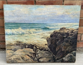 UNFRAMED SEA COAST OIL PAINTING BY A.A. SHAPIRA classic mural painting