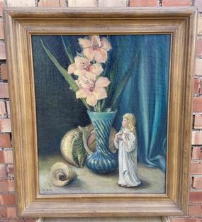 UNFRAMED STILL LIFE OIL PAINTING OF FLORAL VASE, SHELLS, AND CHILD FIGURINE SIGNED M.P.K. classic mural painting