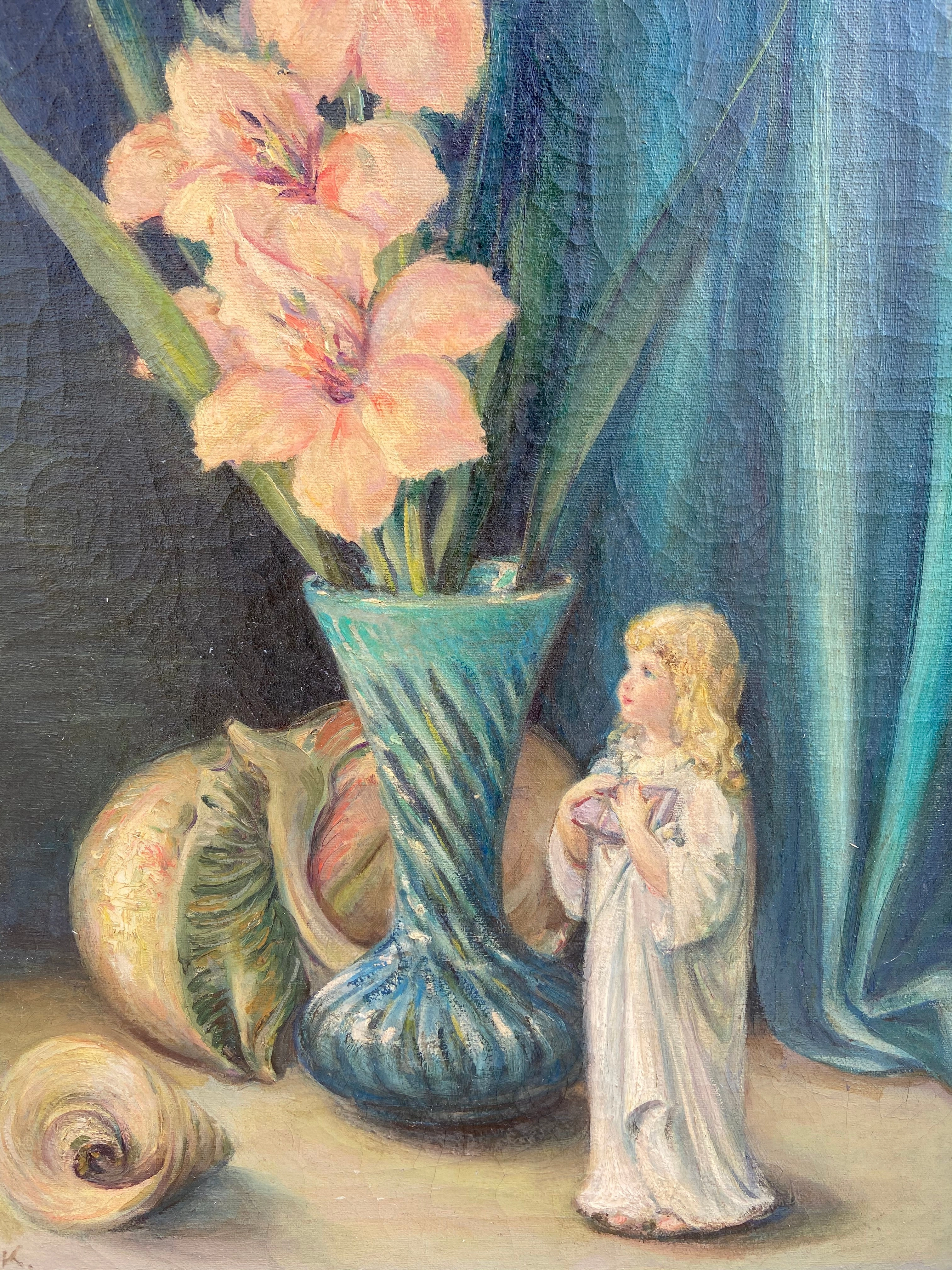 UNFRAMED STILL LIFE OIL PAINTING OF FLORAL VASE, SHELLS, AND CHILD FIGURINE SIGNED M.P.K.