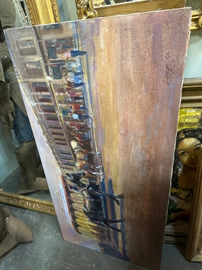 UNFRAMED VINTAGE CITY SCAPE OIL PAINTING WITH HORSES-SIGNED LANGE classic mural painting