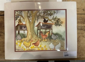 UNFRAMED WATERCOLOR PRINT OF CHICKENS classic mural painting