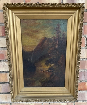 VERTCAL OIL PAINTING OF COWS IN A LAKE classic mural painting