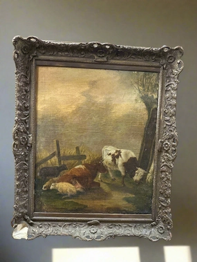 VERTICAL 19TH CENTURY COW AND SHEEP OIL PAINTING classic mural painting