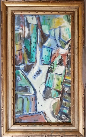 VERTICAL ABSTRACT OIL PAINTING OF A CITY BY SNOWDEN classic mural painting