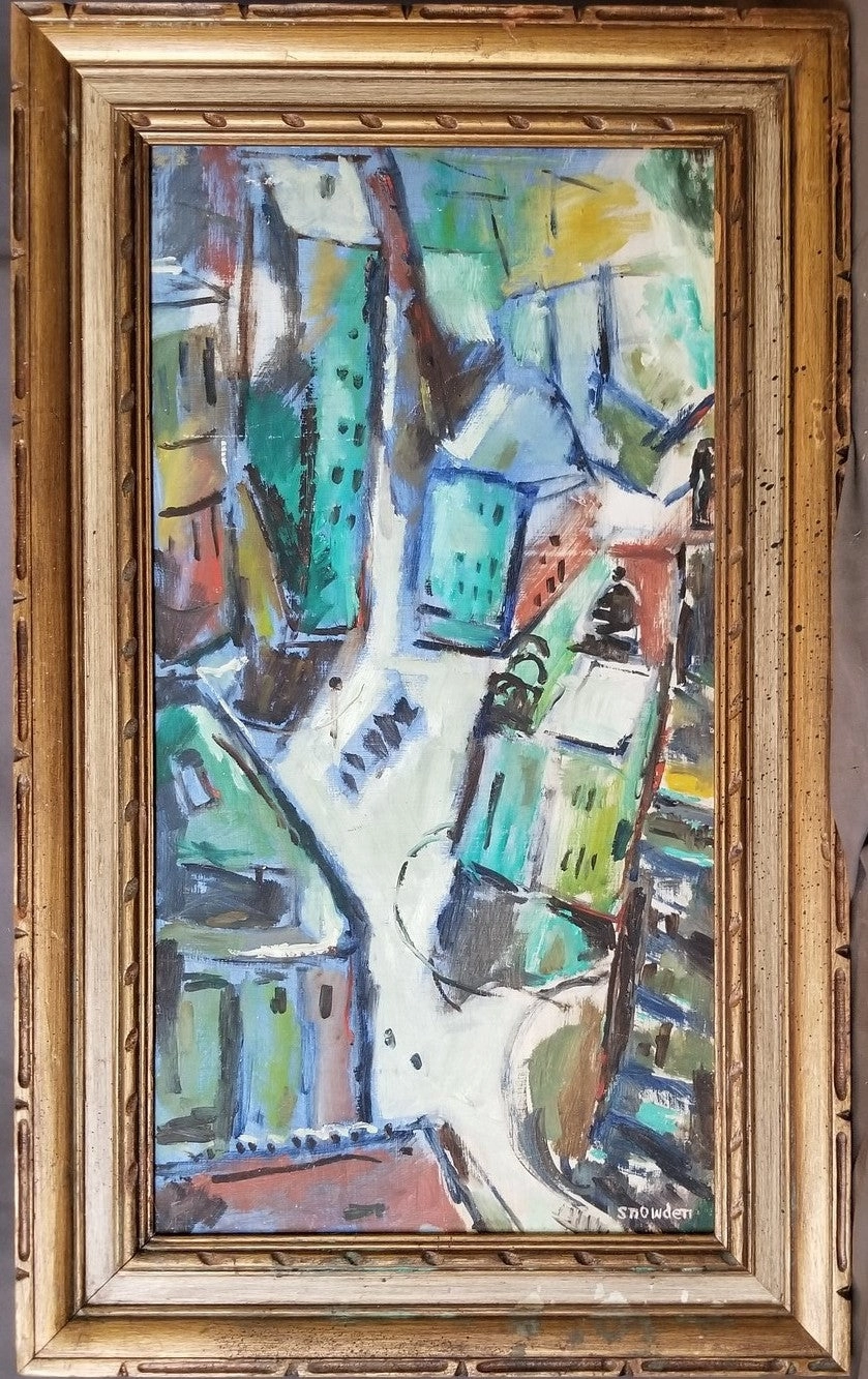 VERTICAL ABSTRACT OIL PAINTING OF A CITY BY SNOWDEN classic mural painting