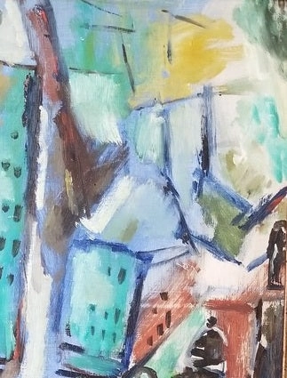 VERTICAL ABSTRACT OIL PAINTING OF A CITY BY SNOWDEN