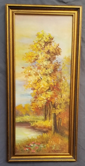 VERTICAL AUTUMN LANDSCAPE OIL PAINTING ON BOARD BY RUTH FANTA classic mural painting