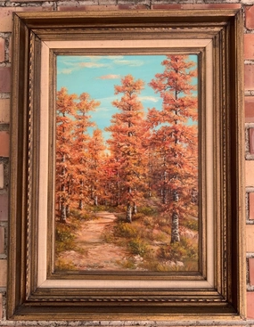 VERTICAL FALL TREES OIL PAINTING ON BOARD BY K. WEIDHOFER classic mural painting
