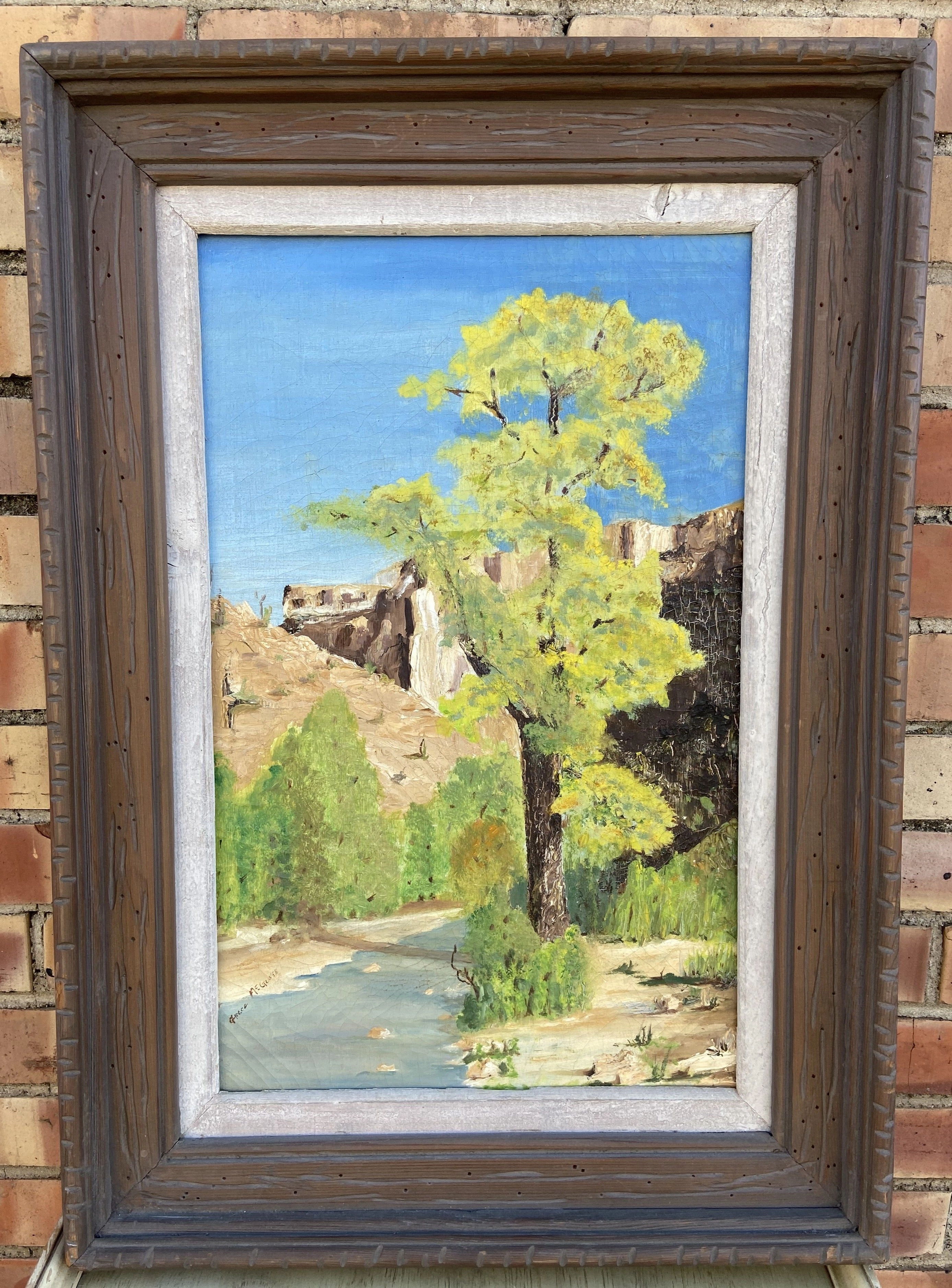 VERTICAL IMPRESSIONIST OIL PAINTING OF LANDSCAPE IN RUSTIC FRAME classic mural painting