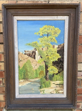 VERTICAL IMPRESSIONIST OIL PAINTING OF LANDSCAPE IN RUSTIC FRAME classic mural painting